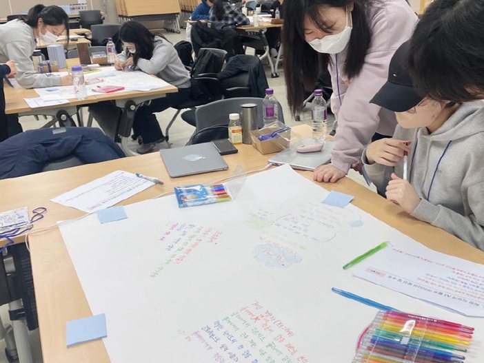 Students writing on a shared poster during a hands-on class activity